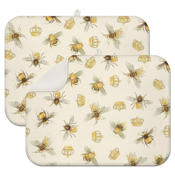 2pcs Happiness-Themed Bee Drying Mats, Quick-Dry Foldable Microfiber, Honeycomb & Geometry Pattern, Multipurpose Kitchen Counter Mat for Eco-Conscious Shoppers
