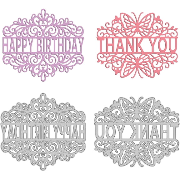 2pcs Happy Birthday and Thank You Metal Cutting Dies Butterfly Pattern Template s for DIY Scrapbooking Christmas Birthday Greeting Cards Making Album Envelope Decoration Matte Platinum DIY Others