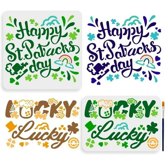 2pcs Happy St Patrick's Day Lucky Shamrock Stencils 11.811.8/11.78.3inch Large Clover Theme Templates Top Hat Rainbow Pattern with Paint Brush for Window Wood Canvas Home Holiday Decor white