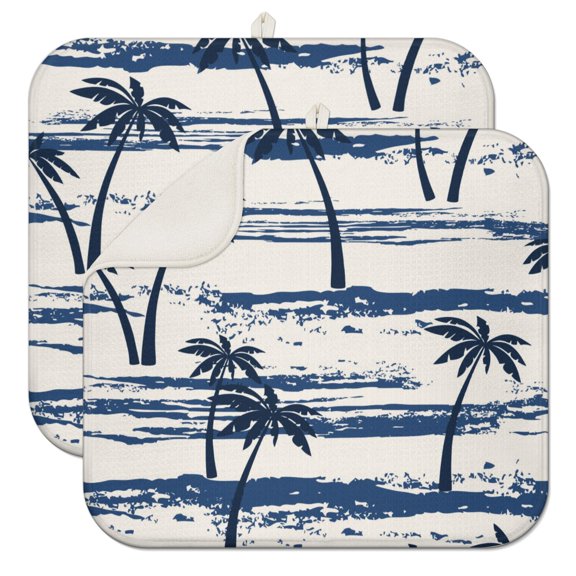 2pcs Hawaii Palm Tree Sunset Dish Drying Pad, Neon Vibrant Design, Heat Resistant & Machine Washable Microfiber Sink Mat