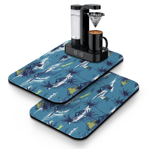 2pcs Hawaiian Paradise Coffee Bar Mat, Exotic Ethnic Design, 4-Layer Protective Mat for Coffee and Beverage Stations