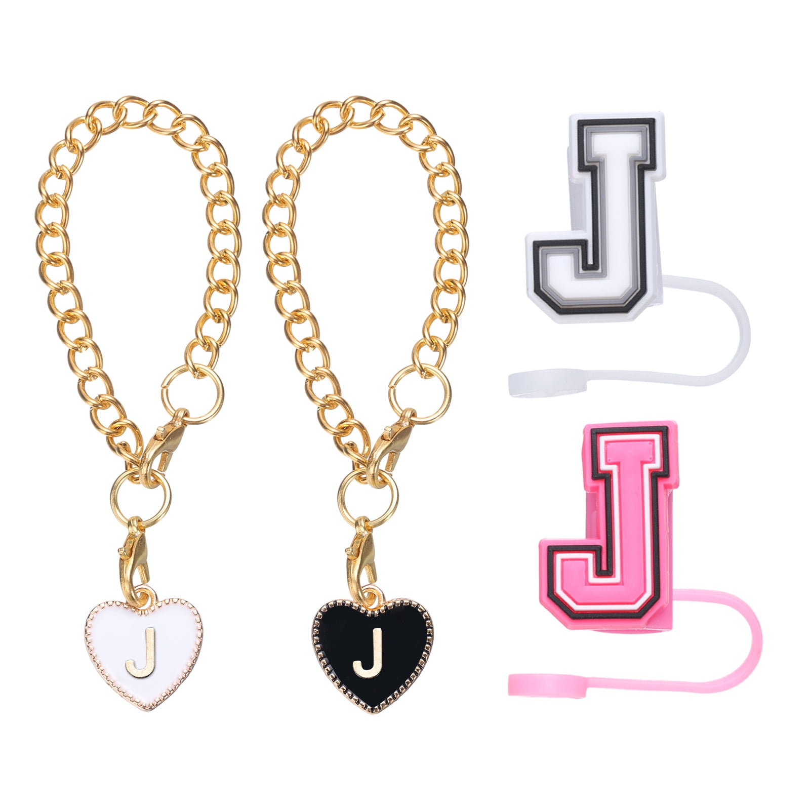 2pcs Heart Letter Charm Accessories with 2pcs 8mm Straw Cover Cap
