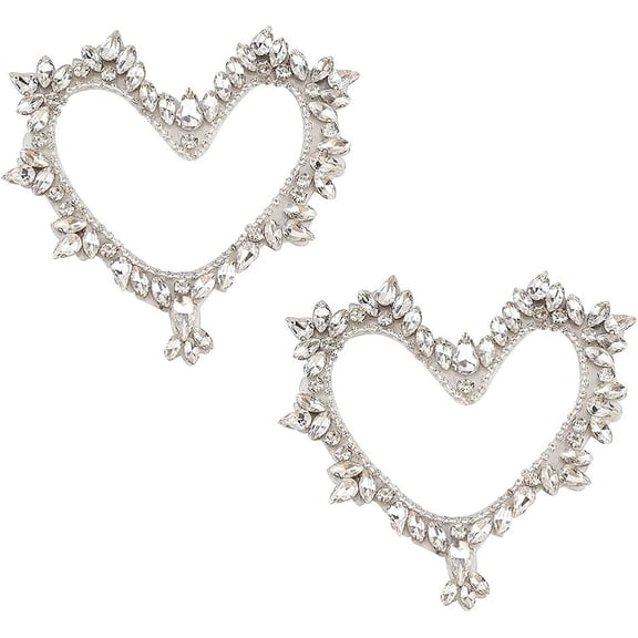 2pcs Heart Shape Rhinestone Appliques 4.2x4x0.2inch Heart Shape Sew On Crystal Patch White Artificial Rhinestone Crystal Appliques Patch for Wedding Bridal Dress Decorative