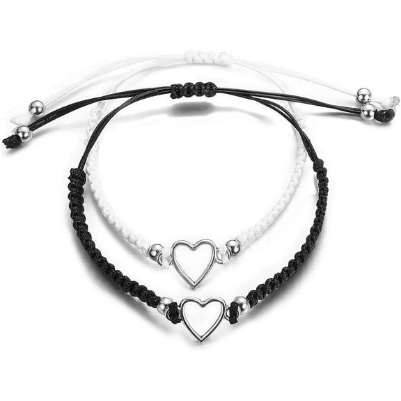 2pcs Heart Shaped Couple Bracelets Love Heart White Black Rope Couple Bracelet Heart Shaped Handmade Braid Adjustable Bracelet Valentine Couple Friendship Bracelets Gift for Women Men Jewelry