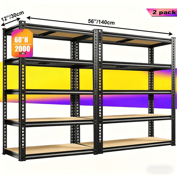 2pcs Heavy-Duty Metal Shelving Unit 60 Inch Hige (60" & 72" Sections) 2000 Lbs Total Capacity (250 Lbs/Shelf) 5-Tier Adjustable Freestanding Garage Storage Rack with Black Powder-Coated Frame - Ea
