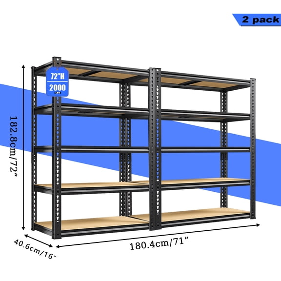 2pcs Heavy-Duty Metal Shelving Unit 72 Inch Hige (60" & 72" Sections) 2000 Lbs Total Capacity (250 Lbs/Shelf) 5-Tier Adjustable Freestanding Garage Storage Rack with Black Powder-Coated Frame - Ea