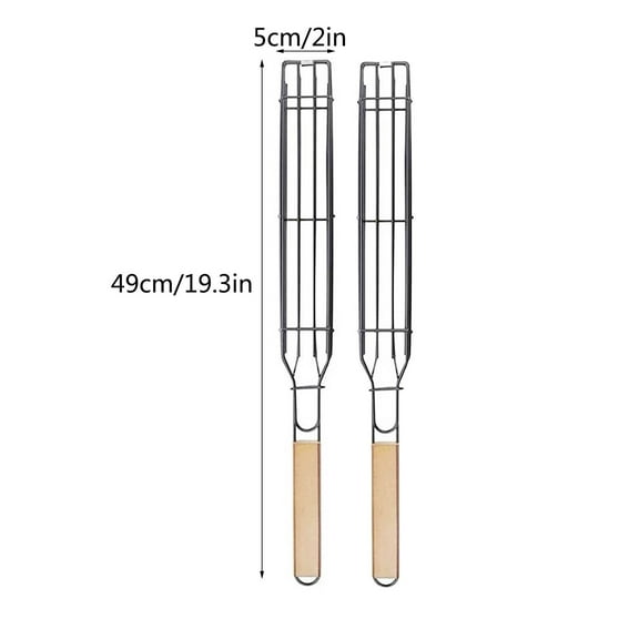 2pcs Heavy Duty Stainless Steel BBQ Grill Basket with Lockable Grate and Wooden Handle, 19.3x2x1.6 Inch Non-Stick Grilling Box for Meat, Seafood, Vegetables