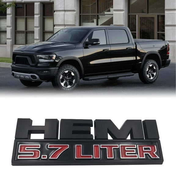 2pcs Hemi 5.7 Liter NamePlate Licence (Black Red) , Side Fender Emblem Badges 3D Decal for RAM 1500 or New Mopar