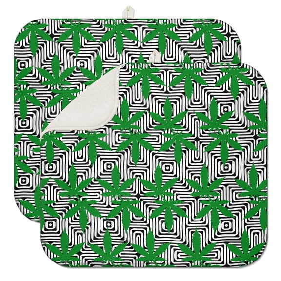 2pcs Hemp Leaf Dish Drying Mat Set, Foldable & Compact Sink Pad with Hanging Loop, Colorful Weed Psychedelic Pattern