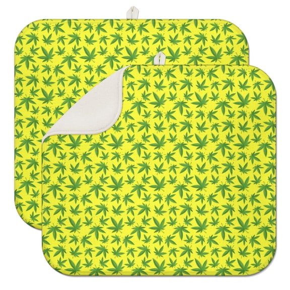2pcs Hemp Leaf Dish Drying Mat Set, Foldable & Compact Sink Pad with Hanging Loop, Colorful Weed Psychedelic Pattern