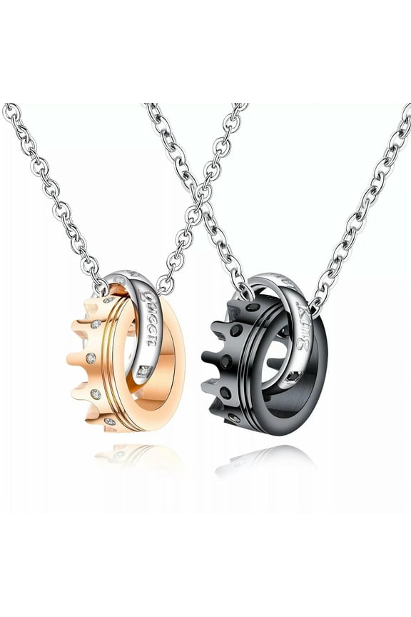 2pcs Her King His Queen Stainless Steel Crown CZ Lover Couple Necklace Men Women