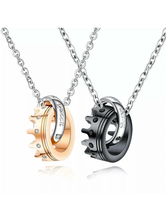 2pcs Her King His Queen Stainless Steel Crown CZ Lover Couple Necklace Men Women