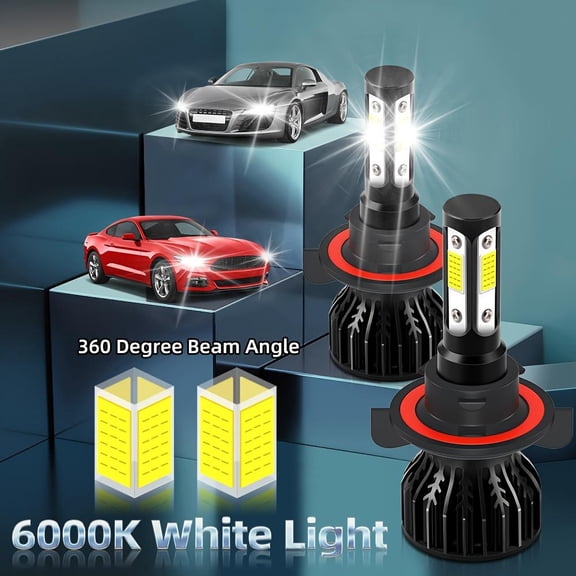 2pcs of High/Low Beam Headlights with 30000 Lumens And 8000K Ice Blue Light, Featuring 4 Side COB Chips, Including Models 9005/HB3, 9006/HB4, H4, H7, H11, H13, 9004, And 9007, Without Battery