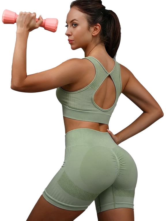 Women's 2 Piece Workout Set, High Waist Butt Lift Yoga Shorts and Sports Bra Gym Activewear Outfit,Green