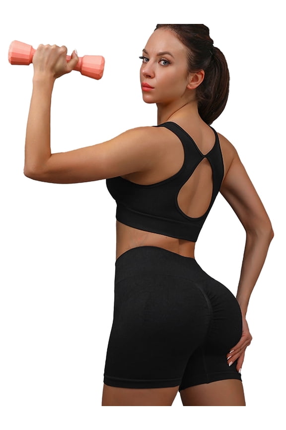 Women's 2 Piece Workout Set, High Waist Butt Lift Yoga Shorts and Sports Bra Gym Activewear Outfit.Black