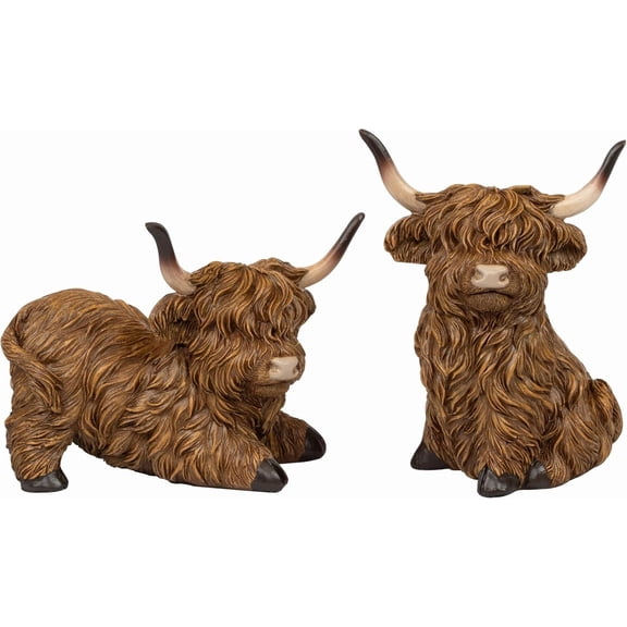 2pcs Highland Cow Figurines for Home, 5Inch Highland Cows Decor for Table Kitchen Book Shelf Bathroom Farmhouse, Highland Cow Gifts for Women and Kids