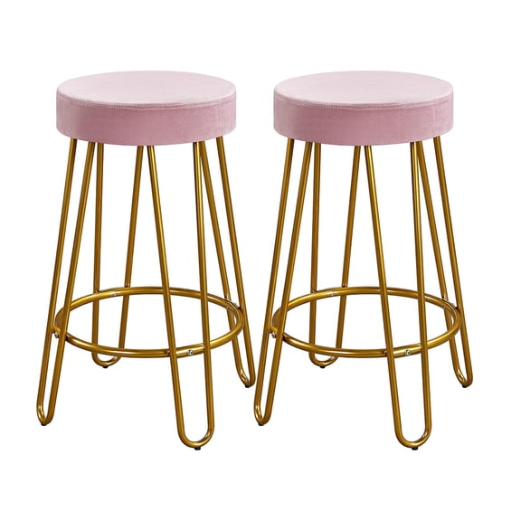 2pcs Home Barstools, Upholstered Velvet Round Backless Seat with Gold Legs, Modern Kitchen Stool for Breakfast Dining Counter Pub, Pink