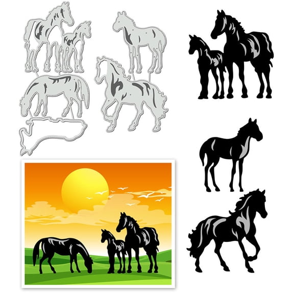 2pcs Horses Cutting Dies Setting Sun Carbon Steel Template Metal Embossing Stencils DIY
