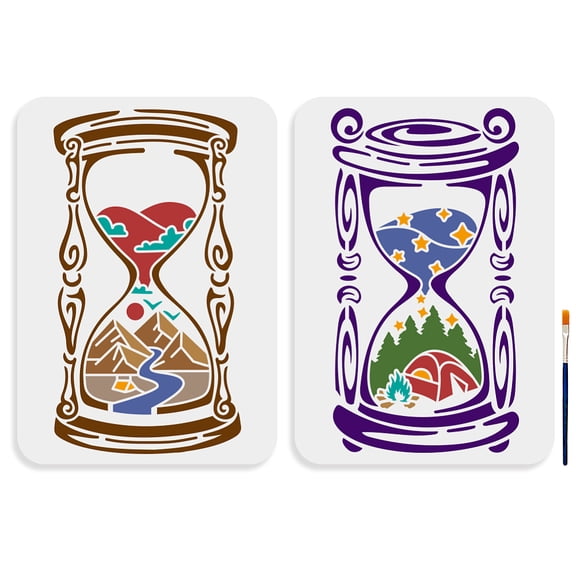 2pcs Hourglass Landscape Stencil 11.78.3inch Large Timer Nature Scenery Stencils with Paint Brush Summer Camping Mountain