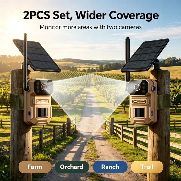 2pcs Hunting Trail Camera features 4G 5G cellular security,1665p HD video,10 MP photo,125 Degree wide angle lens,10W solar panelip65,6000mAh battery.
