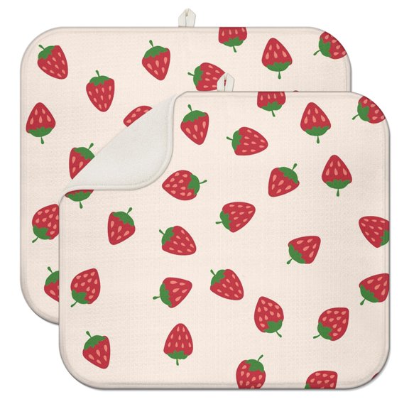 2pcs I Love Strawberries Dish Drying Mat, Cute Fruity Design with Flowers, Super Absorbent Microfiber Pad, Compact Storage & Hanging Loop Included