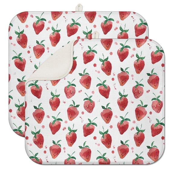 2pcs I Love Strawberries Dish Drying Mat, Fresh Berry Watercolor Design, Multipurpose Heat Resistant Pad, Machine Washable & Space-Saving