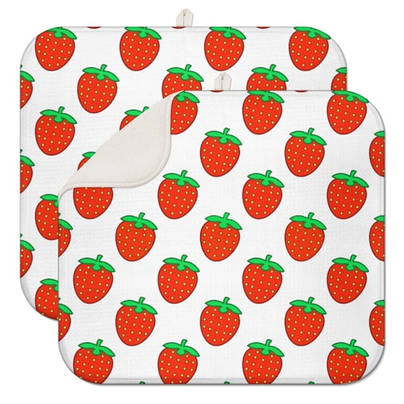 2pcs I Love Strawberries Kitchen Mat, Cute Summer Fruit Watercolor Design, Multipurpose Heat Resistant Drying Pad for Dishes, Pots & Glassware, Foldable
