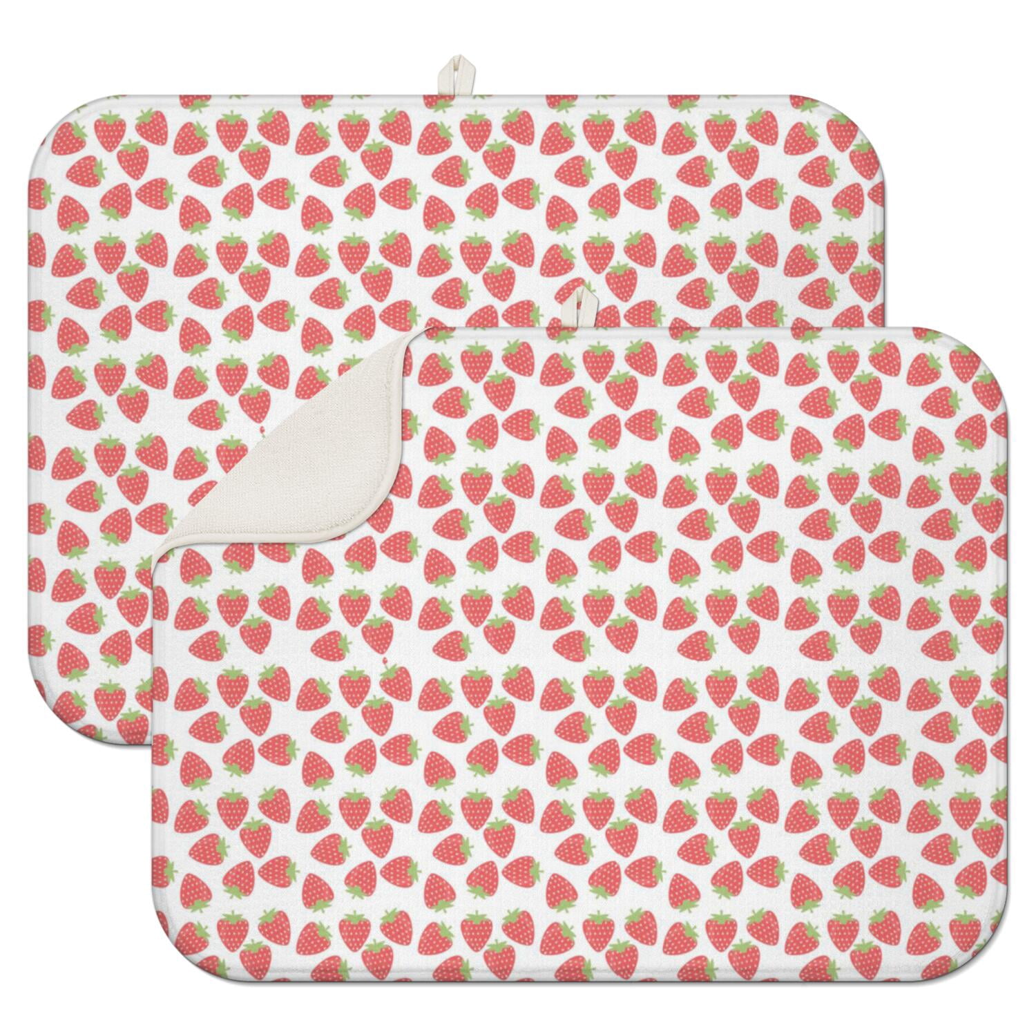 2pcs I Love Strawberries Kitchen Mat, Cute Summer Fruit Watercolor Design, Multipurpose Heat Resistant Drying Pad for Dishes, Pots & Glassware, Foldable