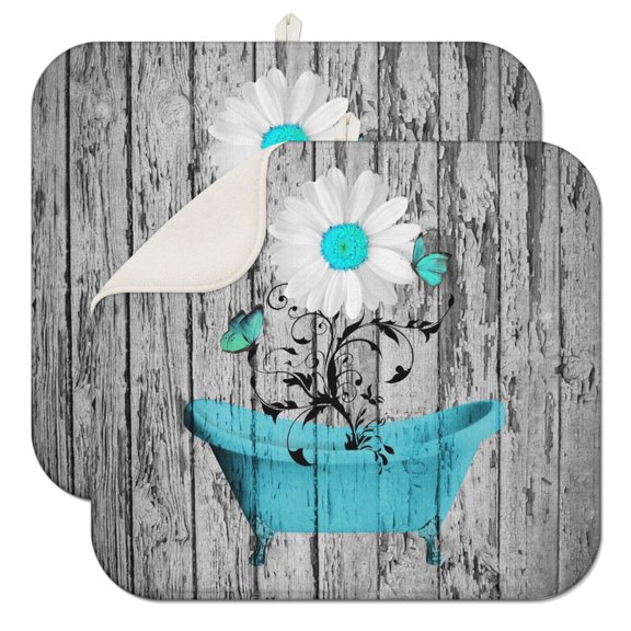 2pcs Illustration Daisy Print Drying Mat, Absorbent Microfiber Dish Drying Pad, Vintage Floral Kitchen Mat, Foldable & Washable