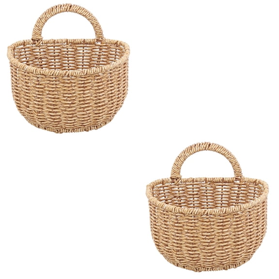 2pcs Imitation Rattan Door Back Basket Wall-mounted Vegetable Egg Storage Basket