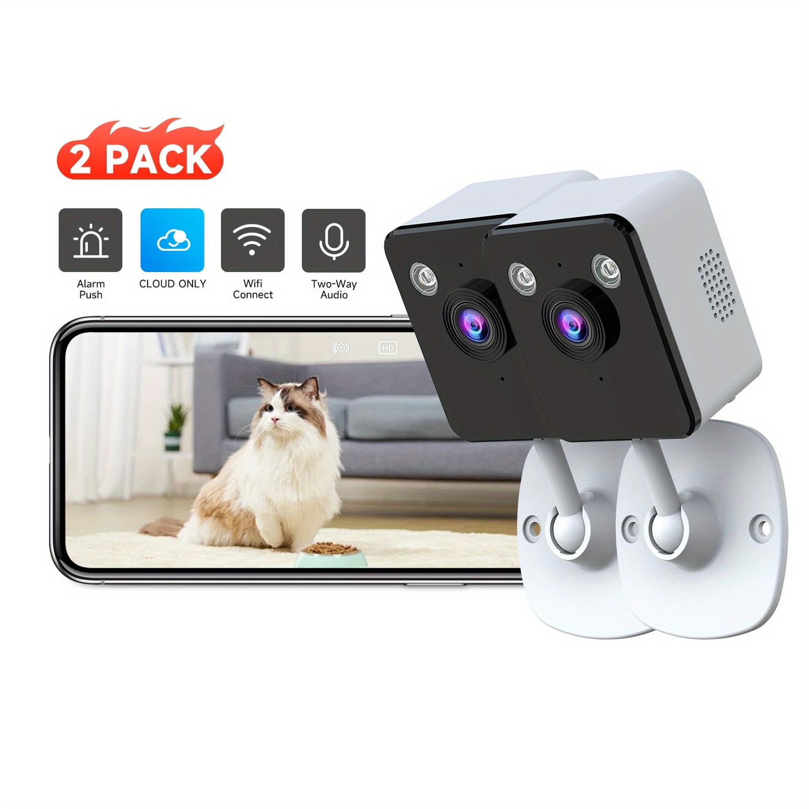 2pcs Indoor Camera With Motion Detection, 2.4G/5G WiFi, Baby Monitor, Night Vision, 2-Way Audio & Siren, Cloud & 256G SD Storage, Alexa Support