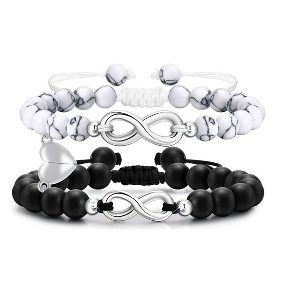 2pcs Infinity Couple Bracelets for Women Men,Magnetic Heart Charm 14K White Gold Beaded Bracelets,Valentine's Day Anniversary Gift