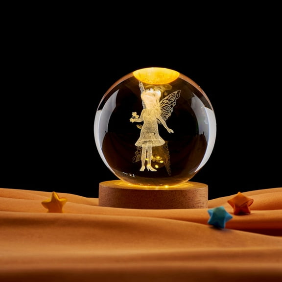 2pcs Inner Carving Fairy Glass Ball Diaplay Decoration with LED Wooden Base 3D Figurines Nightlight Gift for Fengshui Home Decor Clear 60mm