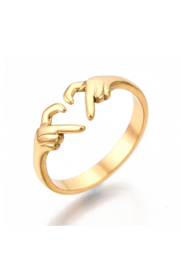 2pcs Ion Plating(IP) 304 Stainless Steel Hand Heart Cuff Rings Open Rings for Women golden Size 6(16.7mm)