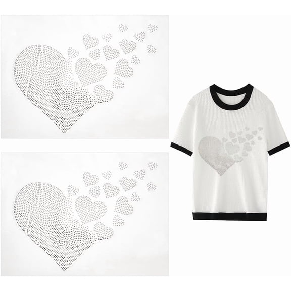 2pcs Iron On Crystal Rhinestone Appliques Bling Clear Heart Hotfix Glitter Crystal Pattern Decoration Shiny Round Glass Rhinestone Transfers for DIY Costume T-Shirt Wedding Dress