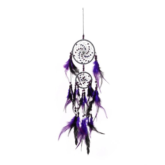 2pcs Iron Woven Web/Net with Feather Decorations with Wood Beads Covered Wax Cord Flat Round Purple 650mm