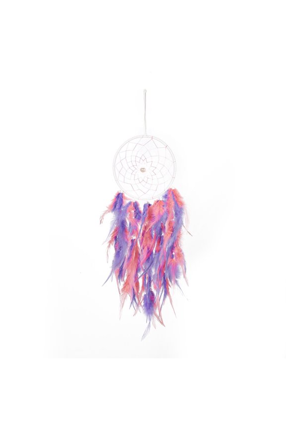 2pcs Iron Woven Web/Net with Feather Pendant Decorations with Plastic Pearl Beads Covered with Leather Cord Flat Round Colorful 640mm
