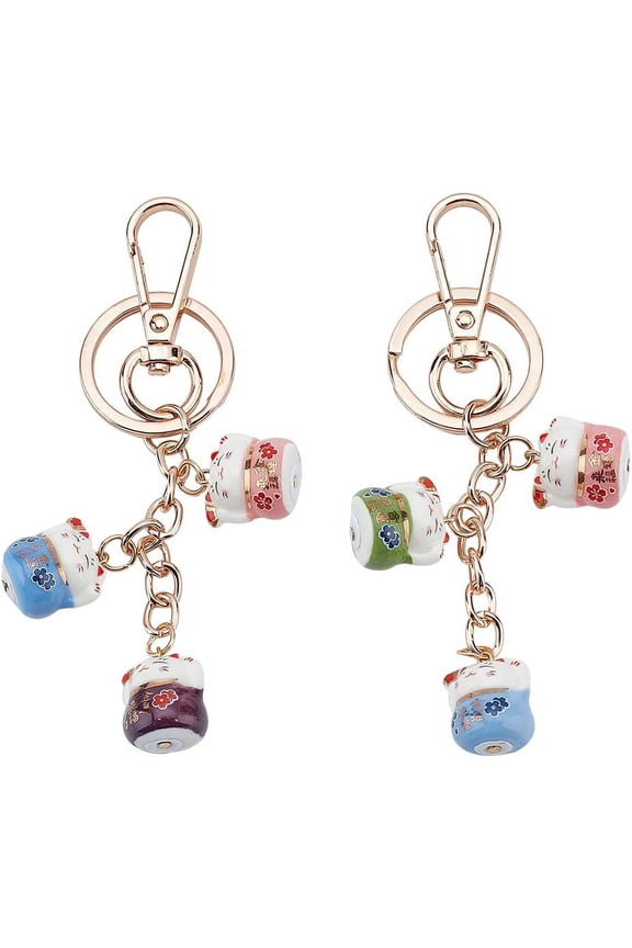 2pcs Japanese Lucky Cat Keychain Maneki Neko Porcelain Keychain Japanese Beckoning Cat Key Ring Wealth Fortune Cat Keychains for Handbag Backpack Purse Car Keys Decoration colorful