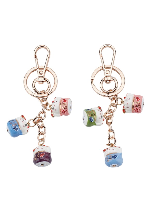 2pcs Japanese Lucky Cat Keychain Maneki Neko Porcelain Keychain Japanese Beckoning Cat Key Ring Wealth Fortune Cat Keychains