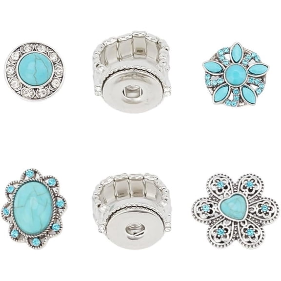 2pcs Jewelry Ring with 4pcs Turquoise Snap Button Set Shiny Rhinestone Snaps Jewelry Charms Tibetan Style Gemstone Adjustable Snap Fastener for Ring Brooch Snap