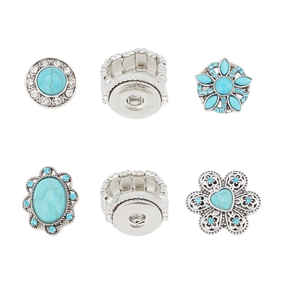 2pcs Jewelry Ring with 4pcs Turquoise Snap Button Set Shiny Rhinestone Snaps Jewelry Charms Tibetan Style Gemstone Adjustable Snap Fastener
