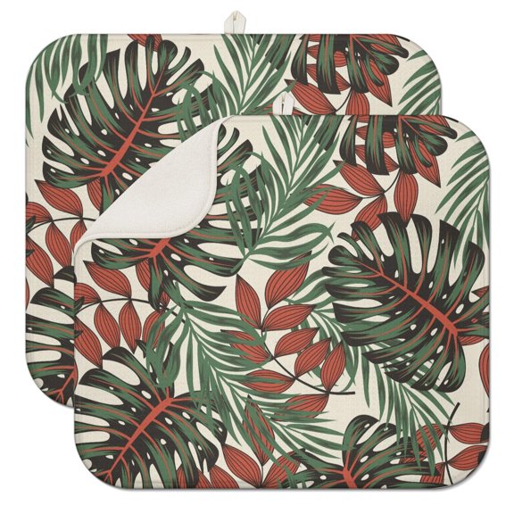 2pcs Jungle Leaves Kitchen Drying Mat Super Absorbent 3-Layer Thick Mat Multipurpose & Space-Saving