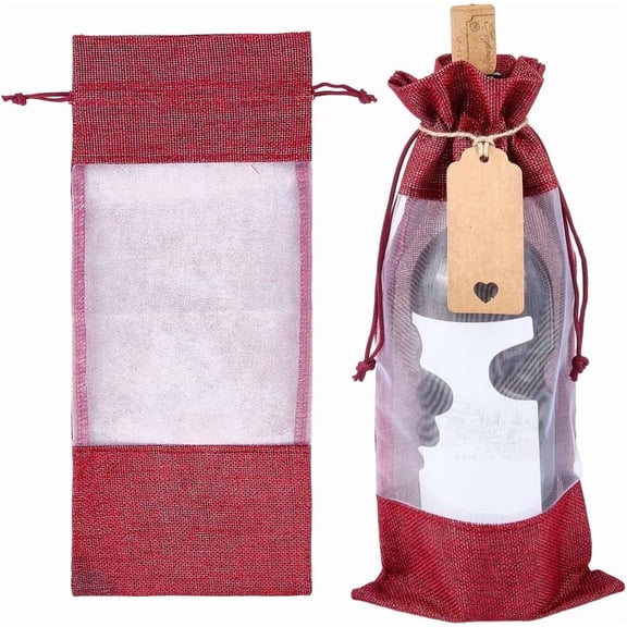 2pcs Jute Cloth Wine Bottle Storage Pouches Rectangle Drawstring Bags with Visible Window Dark Red 36.7x16.5x0.3cm DIY