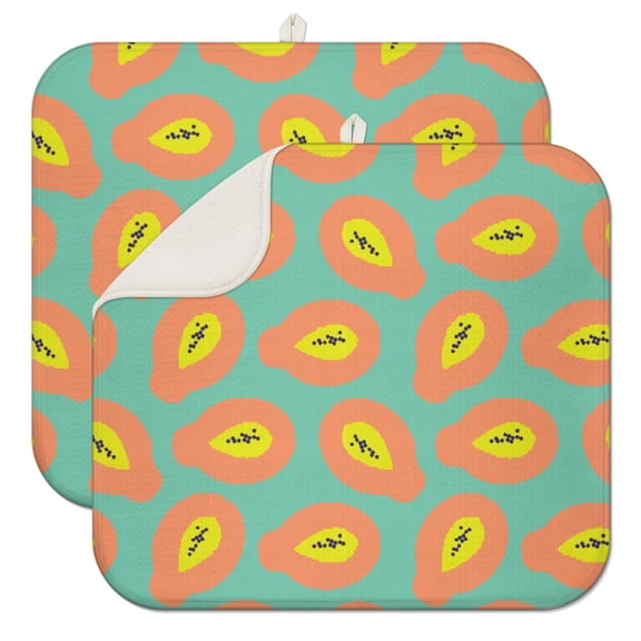 2pcs Kawaii Papaya Pattern Dish Drying Mats 3-Layer Thick Absorbent Kitchen Mat, Cute Cartoon Fruit Print, Reusable & Washable Drying Pad for Countertop (Tropical Decor Style)