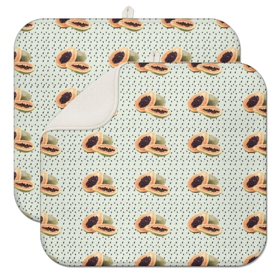 2pcs Kawaii Papaya Pattern Dish Drying Mats 3-Layer Thick Absorbent Kitchen Mat, Cute Cartoon Fruit Print, Reusable & Washable Drying Pad for Countertop (Tropical Decor Style)
