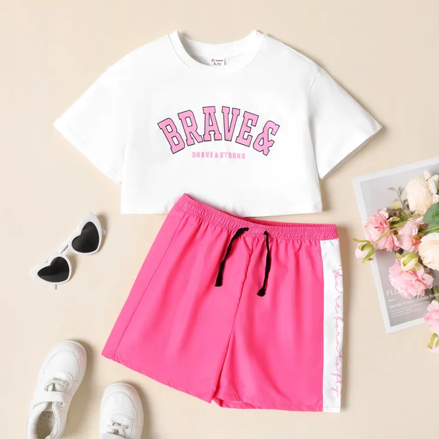 2pcs Kid Girl Letter Print Short-sleeve Tee and Drawstring Shorts Set