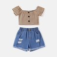 thumbnail image 1 of 2pcs Kid Girl Stripe Cold Shoulder Tee and Ripped Denim Shorts Set, 1 of 6