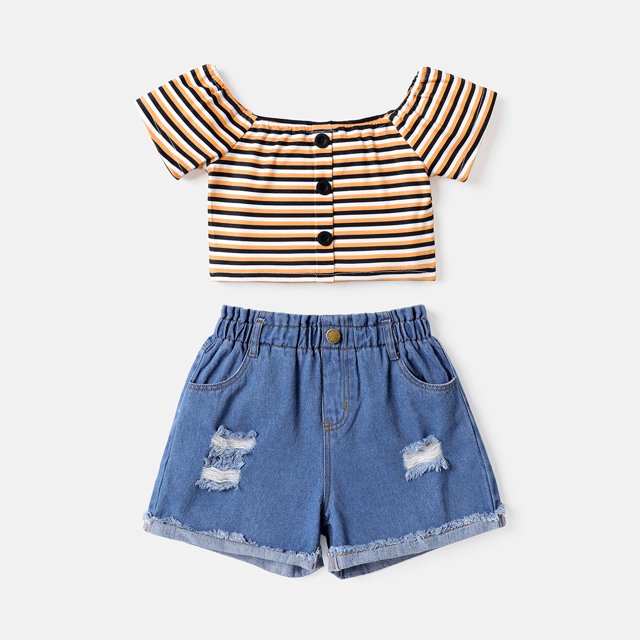 2pcs Kid Girl Stripe Cold Shoulder Tee and Ripped Denim Shorts Set