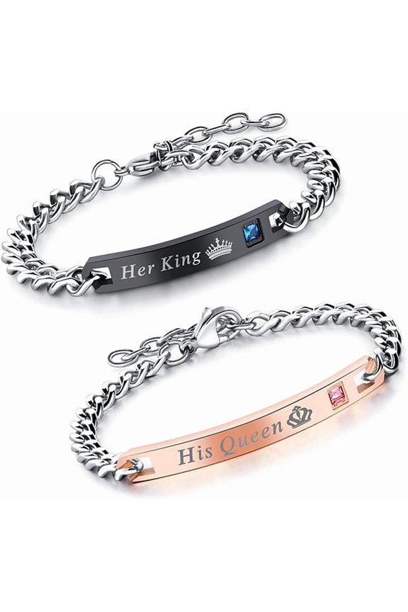 2pcs King and Queen Matching Set His Hers Couples Bracelets Cubic Zirconia, Crystal, Style G8612