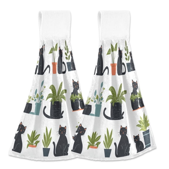 2pcs Kitchen Hanging Towels Bathroom Hanging Towels Velcro Soft Hand Towel Absorbent Tie Towels for Kitchen Toilet Tea Bar Washcloth Decor Black Cat Playing